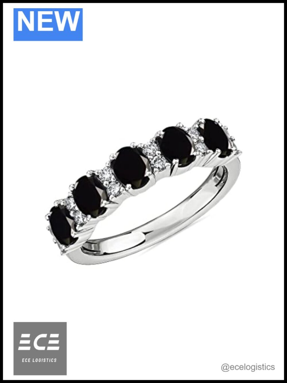 925 Sterling Silver Black Onyx White Topaz Half-Eternity Band Ring